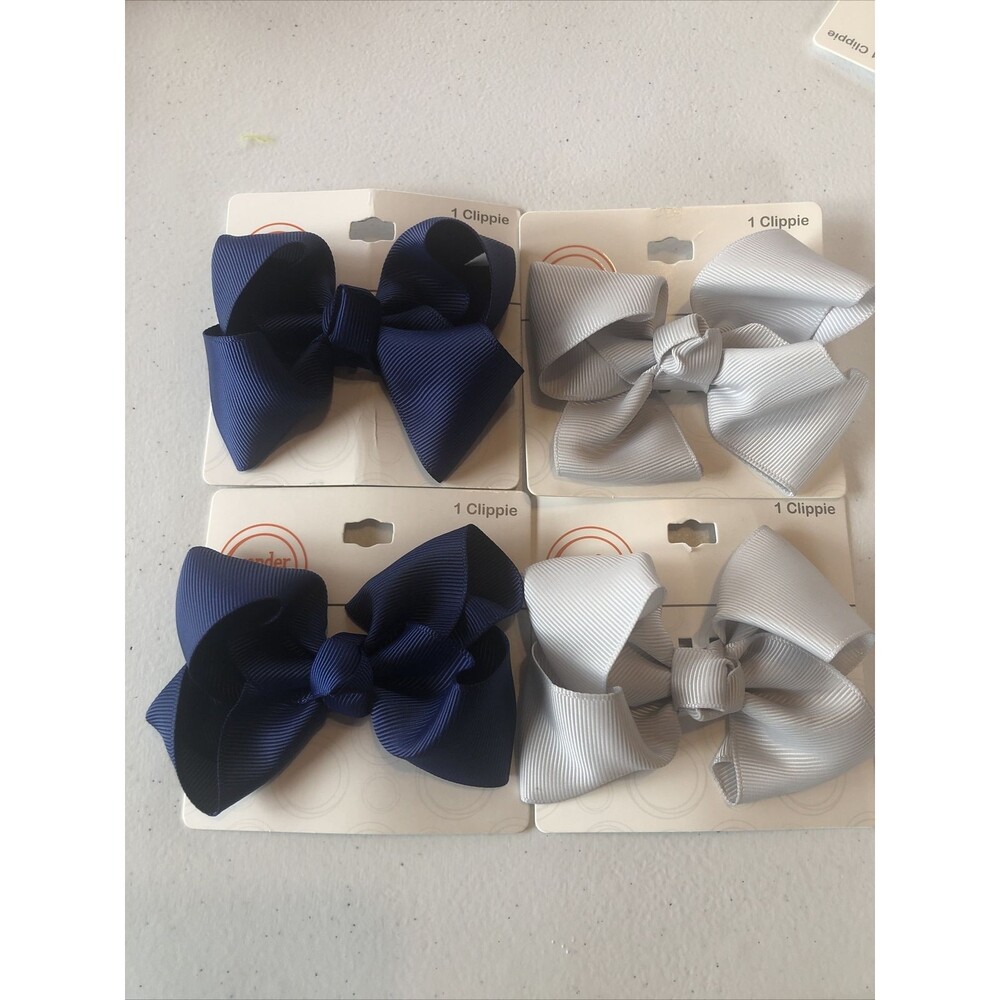 4 Kids Girls Hair Bows Clip Barrettes Navy Blue & Gray Wonder Nation Girl Bow